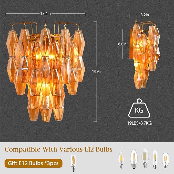 Brass Wall Sconce, Modern Gold Sconce Wall Lighting, Amber Glass Sconces for Bathroom, Luxury Wall Lights for Living Room, Wall Lamp for Bedroom, Vanity Light for Hallway, Staircase