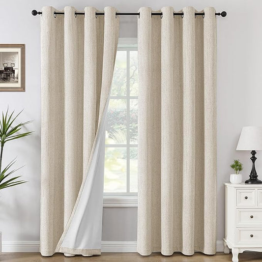 H.VERSAILTEX Chenille Linen Curtains 108 inches Long 100% Blackout Curtains, Textured Linen Look Draperies Grommet with White Flocking Coating Back, 2 Panels, Heathered Bleached Sand(Not Solid)