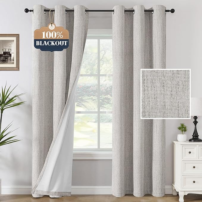H.VERSAILTEX 100% Blackout Curtains Linen Textured Chenille Curtains Thermal Insulated Curtain Panels with White Flocking Coating Back, 42" W x 84" L, Heathered Cloud(Not Solid)