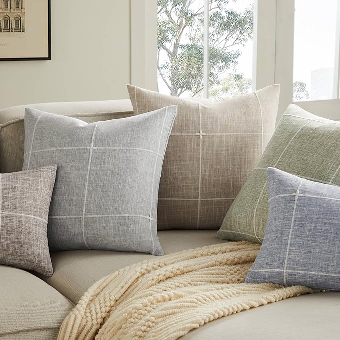 2 Packs Grid Embroidery Throw Pillow Covers, 24x24 Inch Green, Farmhouse Linen Decorative Sage Green Cushion Covers for Sofa Bed Living Room Home Decor