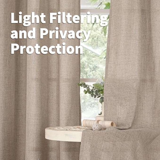 YoungsTex 36 Inch Length Linen Farmhouse Kitchen Window Curtains, Short Cafe Drapes with Rod Pocket Back Tab Burlap Light Filtering for Bathroom Window, Dark Oatmeal, 2 Panels, 42 X 36 Inch