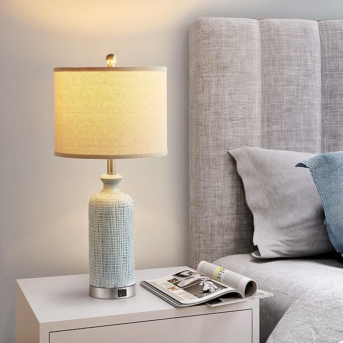 Living Room Lamps Set of 2, 27" Touch Lamps for Nightstand with USB A+C Ports, Modern Farmhouse Table Lamps for Bedroom, 2 Bulbs Included