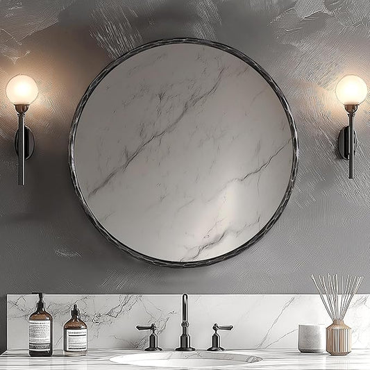 ANDY STAR Hand-Forged Round Mirror for Wall, 24 Inch Black Solid Steel Antique Rounded Bathroom Mirror, Metal Frame Circle Mirror for Vanity, Bedroom, Entryway, Living Room