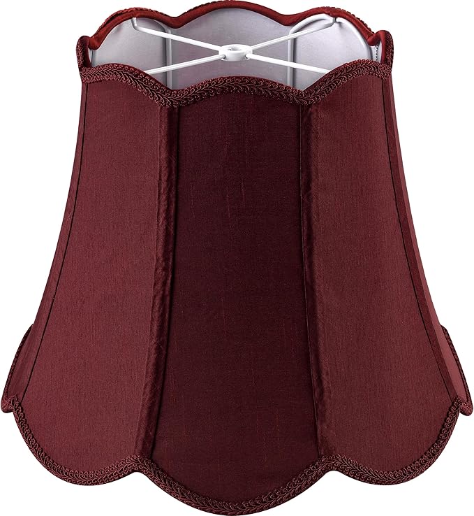 GOSO 13" Medium Burgundy Scalloped Lamp Shades Art Deco, Red Wavy Floral Petal Edge,8" ×13" ×11" Spider for Table Lamp, Floor Lamps Replacement, Faux Silk Lampshade,Easy Assembly(Set of 2)