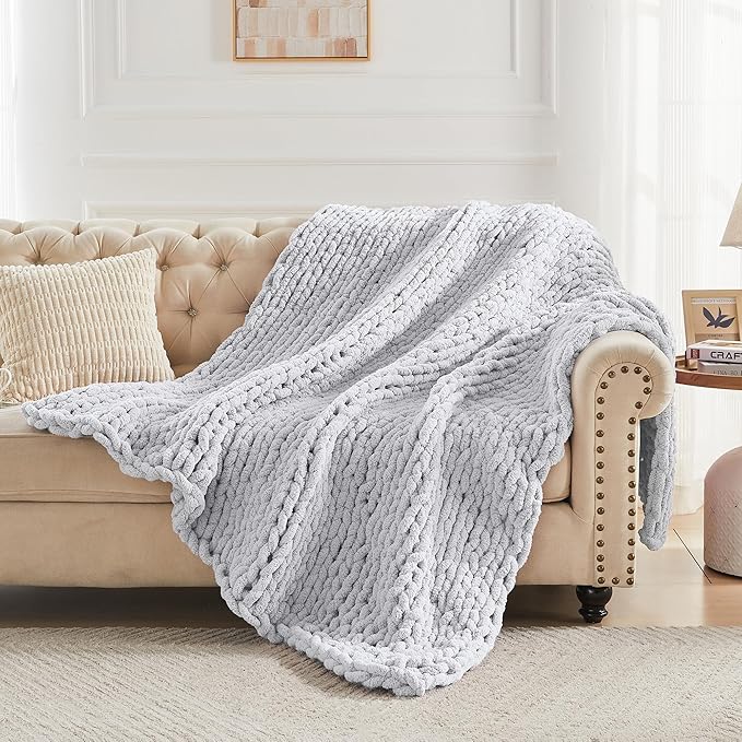 Carriediosa Chunky Knit Throw Blanket 50" X 60", 100% Hand Made Large Chenille Loop Yarn Soft Fluffy Throws for Couch Sofa Bed, Big Crochet Cozy Heavy Thick Cable Woven Blanket, Grey