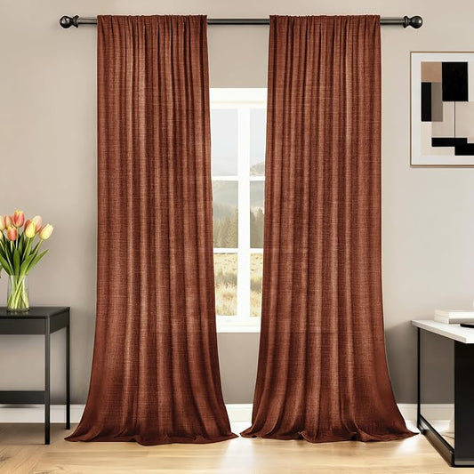 HESTIA Linen Curtains 54 inches Long 2 Panel Set Back Tab Pocket Rustic Farmhouse Boho Drapes for Living Room Semi Sheer Red Orange Window Curtain for Dining Room (54" L x 52" W)