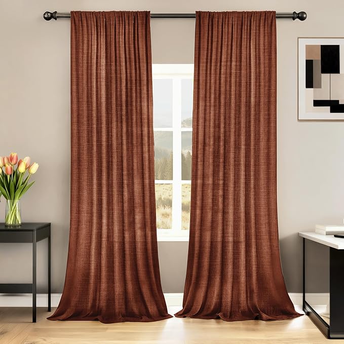 HESTIA Linen Curtains 72 inches Long 2 Panel Set Back Tab Pocket Rustic Farmhouse Boho Drapes for Living Room Semi Sheer Red Orange Window Curtain for Dining Room (72" L x 52" W)