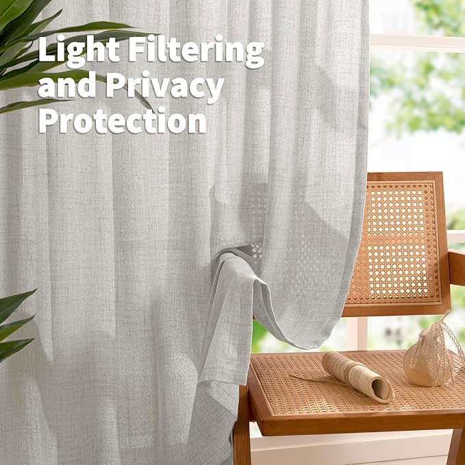 YoungsTex Linen Semi Sheer Curtains 90 Inch Length 2 Panels, Light Grey Light Filtering Window Drapes Privacy with Back Tab for Living Room Bedroom, 40 X 90 Inch
