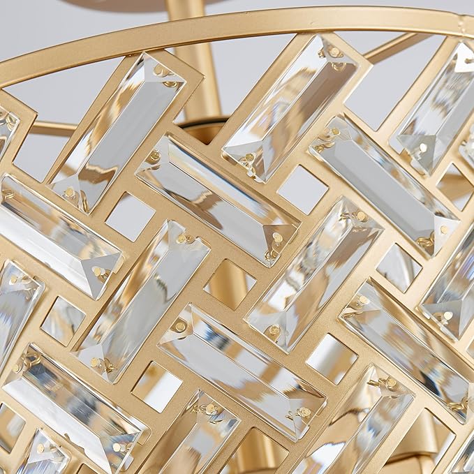 Shrine Lighting Crystal Ceiling Light, Gold Crystal Chandelier for Living Room, D12'' x H11.2'', E12*3 Sockets, Ctystal Lampshade & Gold Finish Frame