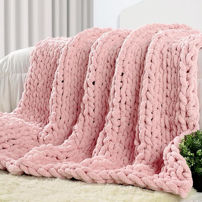 Carriediosa Chunky Knit Throw Blanket 50" X 60", 100% Hand Made Large Chenille Loop Yarn Soft Fluffy Throws for Couch Sofa Bed, Big Crochet Cozy Heavy Thick Cable Woven Blankets, Dusty Pink