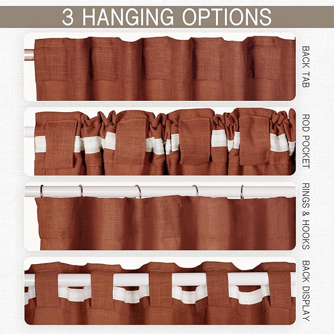 HESTIA Linen Curtains 84 inches Long 2 Panel Set Back Tab Pocket Rustic Farmhouse Boho Drapes for Living Room Semi Sheer Red Orange Window Curtain for Dining Room (84" L x 42" W)