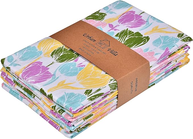 Urban Villa Collection Kitchen Towels Tulip Flowers Multi Color Premium Quality,100% Cotton Dish Towels, Mitered Corners,(Size: 20X30 Inch), Highly Absorbent Bar &Tea Towels - (Set of 6)