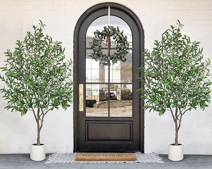 Hollyone Faux Olive Tree 7Feet Tall Fake Olive Tree 7FT with Pot Indoor Lifelike Wood Trunk and Fruits Large Potted Artificial Tree Plant with Tall Ceramics Pot Planter Housewarming Home Decor Gift