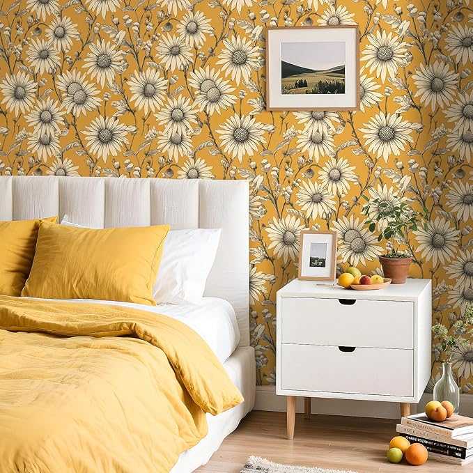 Livelynine 17.5x276" Vintage Floral Peel and Stick Wallpaper Antique Gold Retro Yellow Flowers Prepasted Daisy Wallpaper for Bathroom Girls Accent Wall Cover Boho Contact Paper for Cabinets Drawers