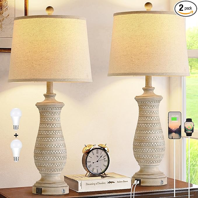 Farmhouse Table Lamps for Living Room Set of 2, Touch Lamps for Nightstand with Dual USB Charging Port, Bedside Table Lamp for Bedroom, 2 Bulb Included