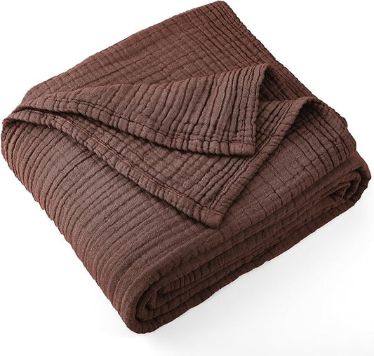 Carriediosa 100% Cotton Muslin Throw Blanket 66" X 90" Twin XL Size，4-Layers Summer Gauze Throws for Bed Couch，Soft Lightweight Breathable Linen Blankets Bedspread for Adults All Season，Dark Brown