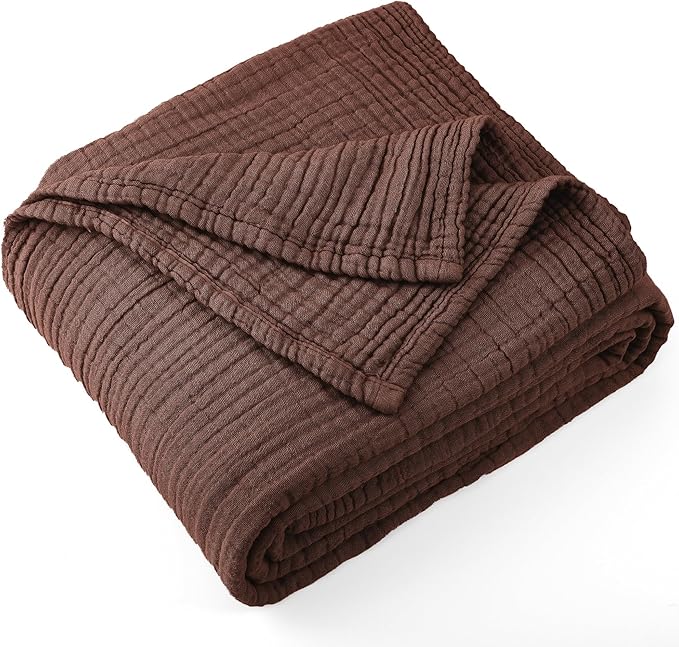 Carriediosa 100% Cotton Muslin Throw Blanket 50" X 70" Throw XL Size，4-Layers Summer Gauze Throws for Bed Couch，Soft Lightweight Breathable Linen Blankets Bedspread for Adults All Season，Dark Brown