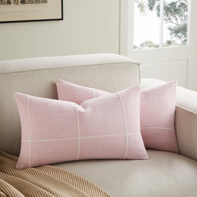 2 Packs Grid Embroidery Lumbar Throw Pillow Covers, 12x20 Inch Pink, Farmhouse Linen Decorative Pink Cushion Covers for Sofa Bed Living Room Home Decor