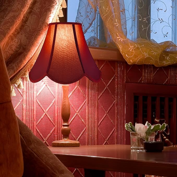 GO&SO Set of 2 Burgundy Bell Lamp Shades Scalloped Lamp Shade Petal Edge Braid 6"Top x 13"Bottom x 10.6"High (Spider) Silk Fabric Lampshades for Floor Lamp,Handmade DIY Table Lamp Shade Replacement