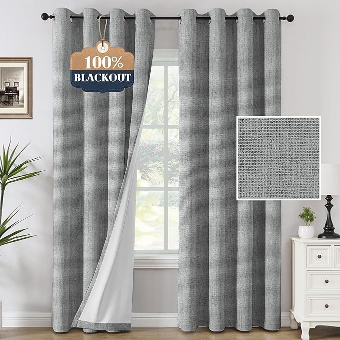 H.VERSAILTEX Chenille Linen Curtains 108 inches Long 100% Black Out Curtains, Textured Linen Look Draperies Grommet with White Flocking Coating Back, 2 Panels, Heathered Dove Gray(Not Solid)