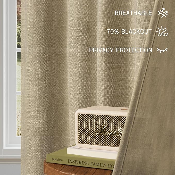 HESTIA Linen Curtains 63 inches Long for Living Room 2 Panels Set Khaki Drapes 70% Blackout Privacy Khaki Light Filtering Country Rustic Farmhouse Curtain for Home Office (63" L x 52" W)