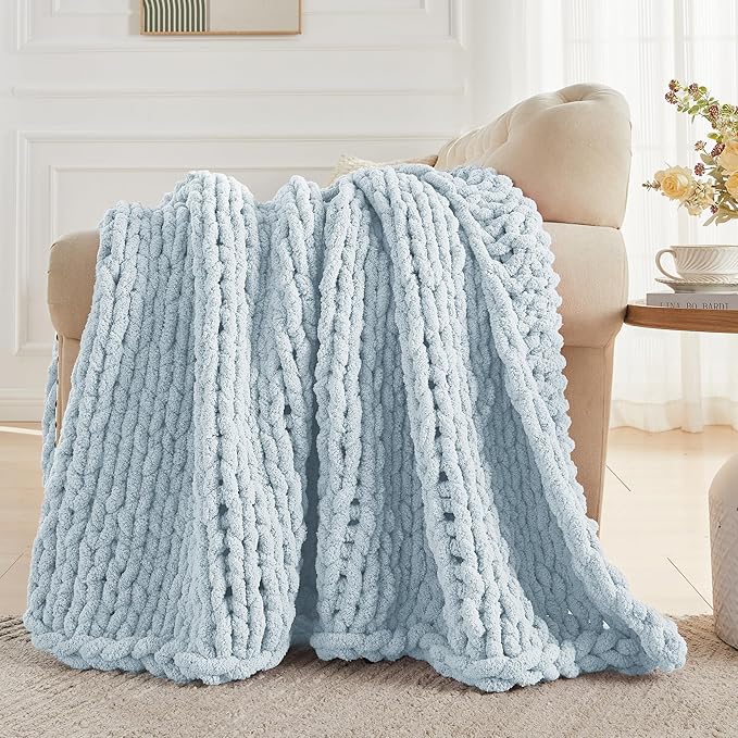 Carriediosa Chunky Knit Throw Blanket 50" X 60", 100% Hand Made Large Chenille Loop Yarn Soft Fluffy Throws for Couch Sofa Bed, Big Crochet Cozy Heavy Thick Cable Woven Blanket, Light Blue