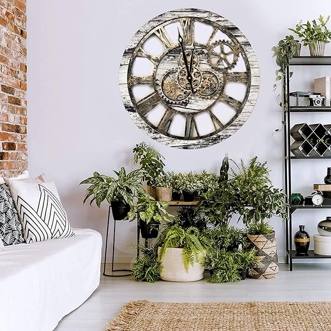 ImprovingLife The Gears Clock The Original Real Moving Gear Wall Clock Vintage Industrial Oversized Rustic Farmhouse (24 inch (60cm), Vintage Grey and White)