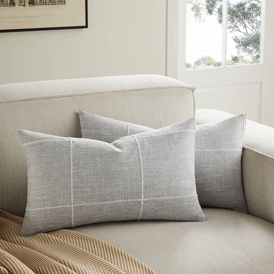 2 Packs Grid Embroidery Lumbar Throw Pillow Covers, 12x20 Inch Light Grey, Farmhouse Linen Decorative Grey Cushion Covers for Sofa Bed Living Room Home Decor
