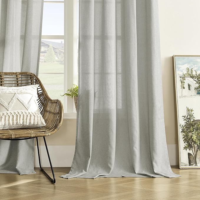 DONREN Light Grey Curtains 84 Inch Length for Living Room 2 Panel Back Tab Rod Pocket Drape Light Filtering Semi Sheer Linen Textured Curtain for Bedroom Modern Farmhouse Decor 50x84 Long