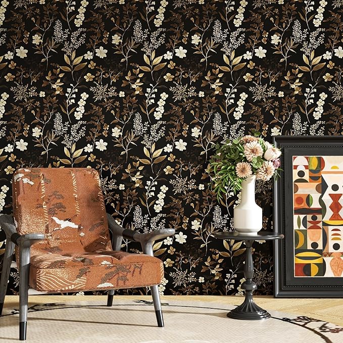 Vintage Wallpaper Peel and Stick Black Floral Wall Paper 17.4" x 118" Black Gold Contact Paper Self-Adhesive Wall Covering for Bedroom Desk Cabinet Decor