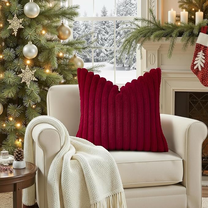 decorUhome Faux Fur Christmas Throw Pillow Covers 22x22 Set of 2, Decorative Soft Plush Striped Neutral Couch Euro Pillow Covers with Velvet Back for Sofa, Bed, Living Room Home Decor, Burgundy