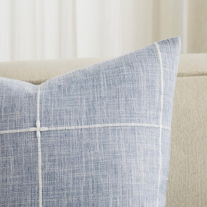2 Packs Grid Embroidery Throw Pillow Covers, 18x18 Inch Blue, Farmhouse Linen Decorative Dusty Blue Cushion Covers for Sofa Bed Living Room Home Decor