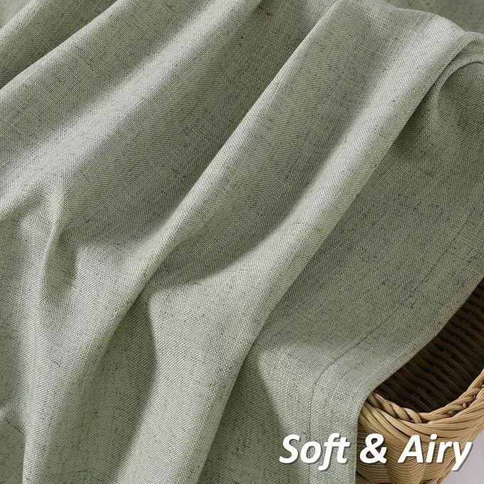 Sage Green Linen Curtains 45 Inches Long 2 Panel Set Rod Pocket Semi Sheer Dining Room Cozy Bedroom Decor Cotton Look Country Rustic Farmhouse Boho Curtains 52x45