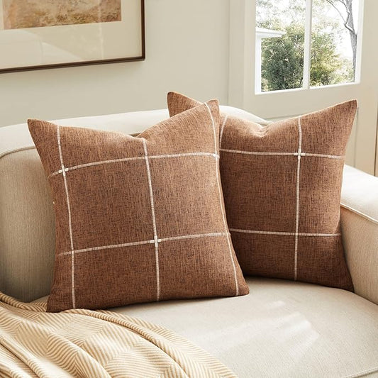 2 Packs Grid Embroidery Throw Pillow Covers, 24x24 Inch Caramel, Farmhouse Linen Decorative Caramel Cushion Covers for Sofa Bed Living Room Home Decor