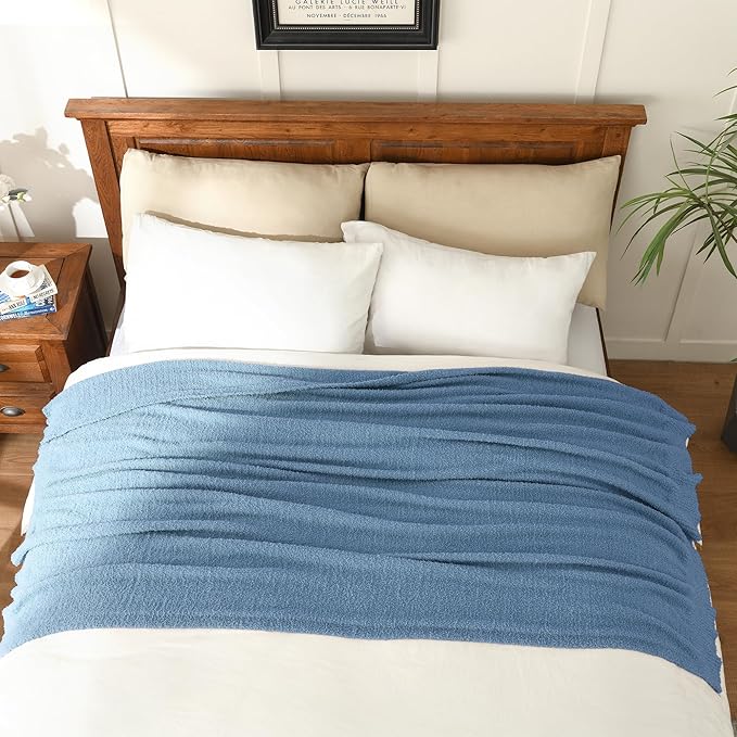 JOOJA Cozy Blue Knit Throw Blanket - Boucle Decorative Soft Fuzzy Throw Bed Blanket for Women Couch 50x60 Inches Dusty Blue