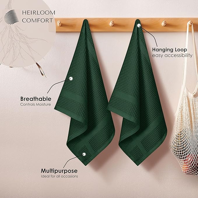 12 Pack Waffle Weave Kitchen Towels, 16x26 Inch, 100% Cotton, Absorbent Dishcloth Set, Quick Dry, Soft for Cleaning, Wiping, Hand Towels, Dish Rags, Wash Cloth, Durable, Forest Green