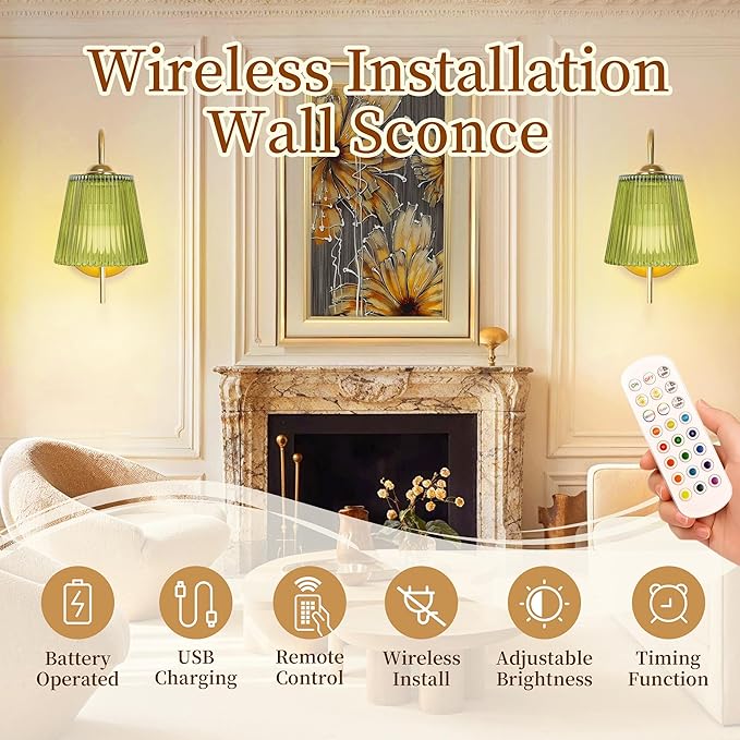 Vintage Battery Operated Wall Sconce with Flower lampshade,Rechargeable Battery Powered Wall Lights,Wall lamp With 15 Colors for Bedroom Living Room Home Decor (Green Stripe, 2 Light Battery Operated)