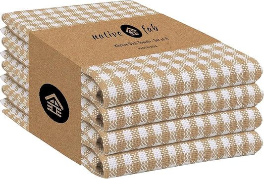 Native Fab Beige Gingham Kitchen Dish Towels 4 Pack 16"x26" - 100% Cotton Absorbent Plaid Tea Towels, Dish Cloths for Quick Drying, Reusable Dishcloth Set, Beige White
