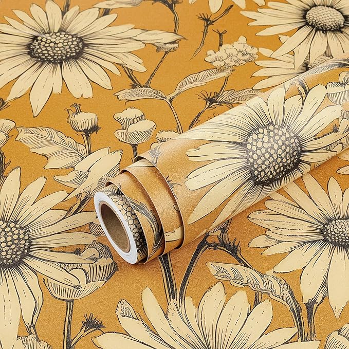 Livelynine 17.5x276" Vintage Floral Peel and Stick Wallpaper Antique Gold Retro Yellow Flowers Prepasted Daisy Wallpaper for Bathroom Girls Accent Wall Cover Boho Contact Paper for Cabinets Drawers