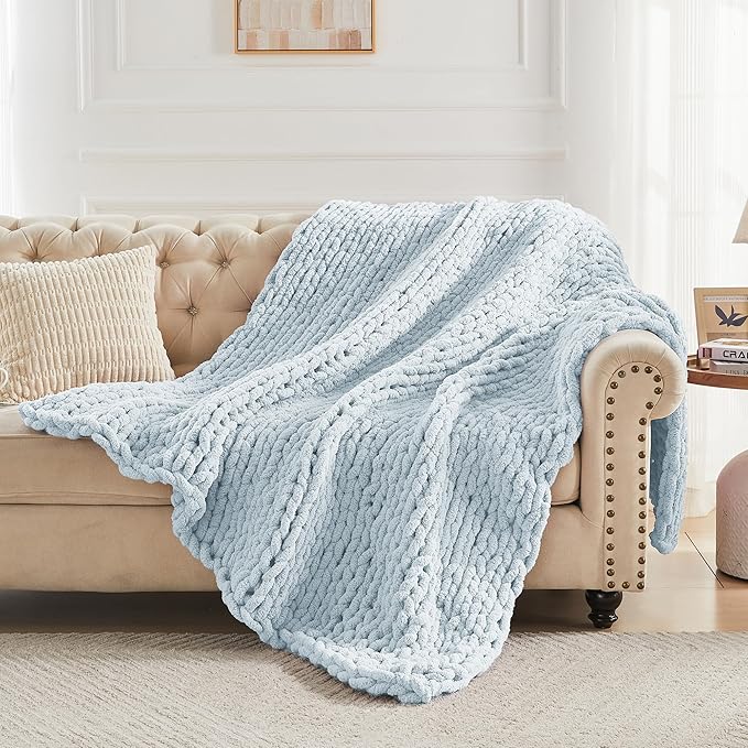 Carriediosa Chunky Knit Throw Blanket 50" X 60", 100% Hand Made Large Chenille Loop Yarn Soft Fluffy Throws for Couch Sofa Bed, Big Crochet Cozy Heavy Thick Cable Woven Blanket, Light Blue