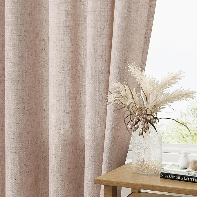 Guken Oatmeal Linen Curtains 84 Inch Length for Living Room Bedroom 2 Panels Set Rod Pocket Light Filtering Semi Sheer Window Curtains 52 Inch Width Boho Farmhouse Linen Drapes, W52xL84