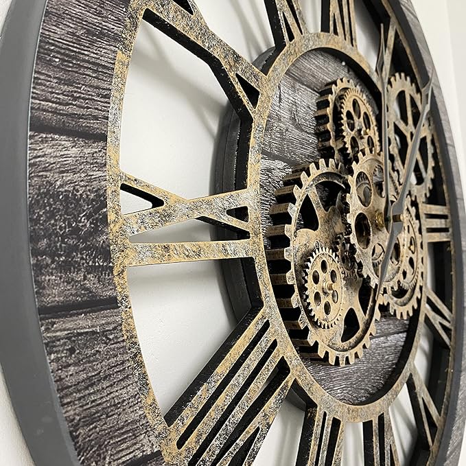ImprovingLife The Gears Clock The Original Real Moving Gear Wall Clock Vintage Industrial Oversized Rustic Farmhouse (24 inch (60cm), Vintage Carbon Grey and Bronze)