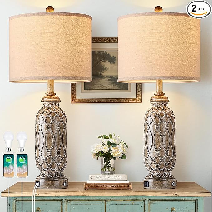 Farmhouse Lamps for Bedroom Set of 2, 28" VintageTable Lamps for Living Room with USB A+C Charging Ports, Touch Lamps for Nightstand, 2 Bulbs Included