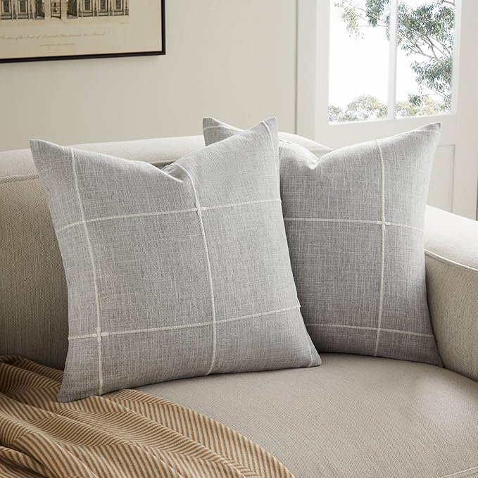 2 Packs Grid Embroidery Throw Pillow Covers, 20x20 Inch Light Grey, Farmhouse Linen Decorative Grey Cushion Covers for Sofa Bed Living Room Home Decor