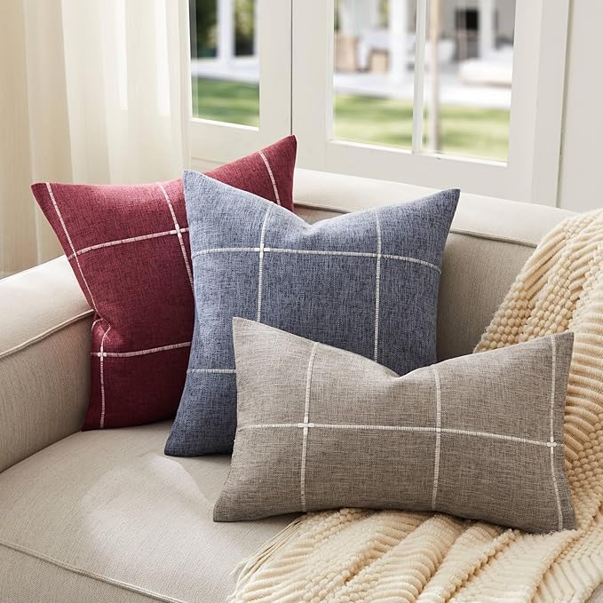 2 Packs Grid Embroidery Throw Pillow Covers, 18x18 Inch Navy Blue, Farmhouse Linen Decorative Navy Blue Cushion Covers for Sofa Bed Living Room Home Decor