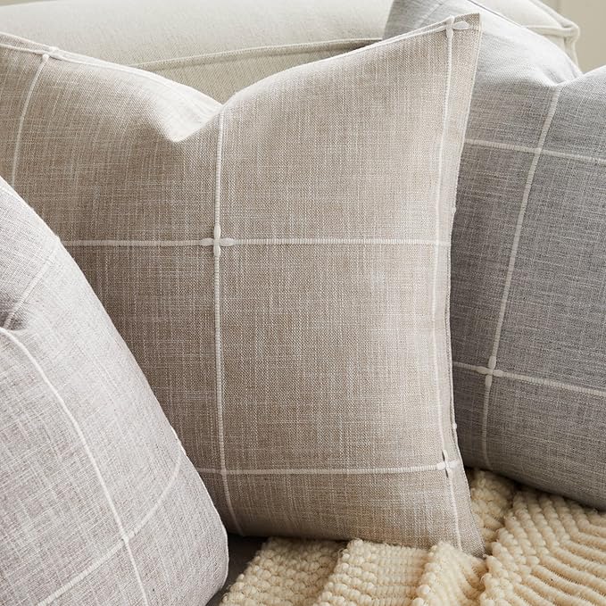 2 Packs Grid Embroidery Throw Pillow Covers, 22x22 Inch Taupe, Farmhouse Linen Decorative Light Brown Cushion Covers for Sofa Bed Living Room Home Decor