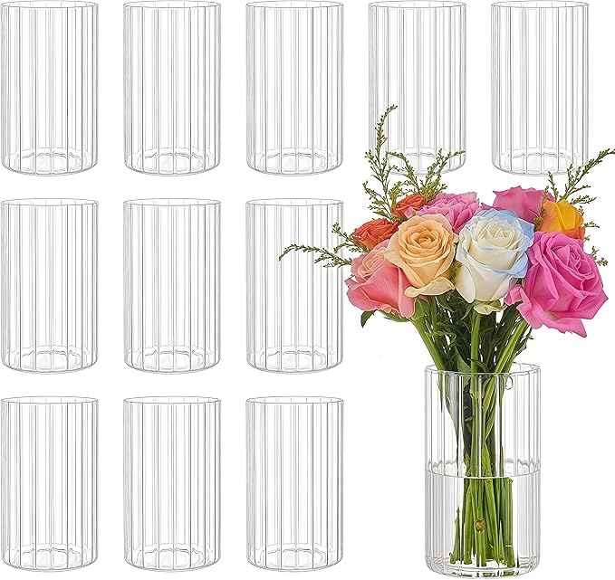 Ribbed Glass Vase Set of 12 Packs, Propagation Vases for Plants, 6 Inches Glass Cylinder Vases for Centerpieces, Hurricane Candle Holder for House Warming Decoration Party
