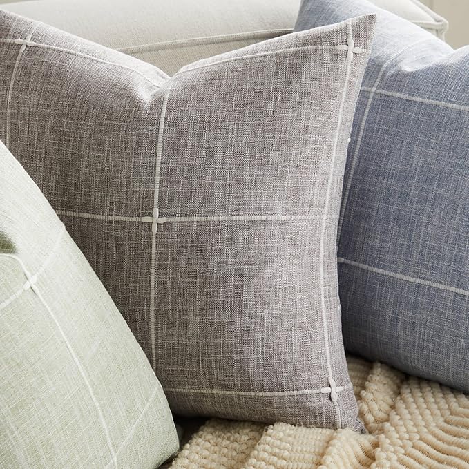 2 Packs Grid Embroidery Lumbar Throw Pillow Covers, 12x20 Inch Brown, Farmhouse Linen Decorative Brown Cushion Covers for Sofa Bed Living Room Home Decor