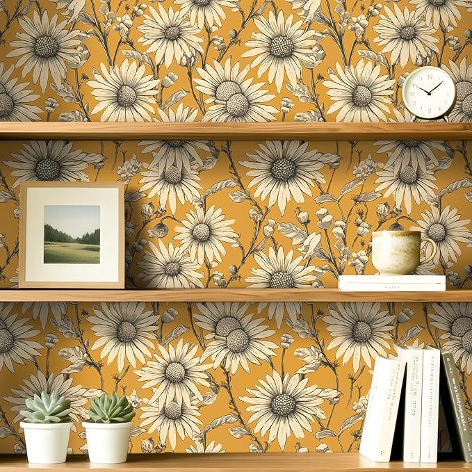Livelynine 17.5x276" Vintage Floral Peel and Stick Wallpaper Antique Gold Retro Yellow Flowers Prepasted Daisy Wallpaper for Bathroom Girls Accent Wall Cover Boho Contact Paper for Cabinets Drawers