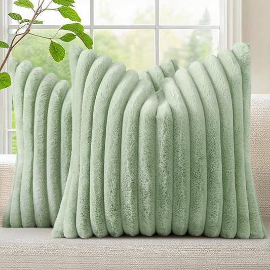 decorUhome Faux Fur Christmas Throw Pillow Covers 16x16 Set of 2, Decorative Soft Plush Striped Neutral Couch Euro Pillow Covers with Velvet Back for Sofa, Bed, Living Room Home Decor, Sage Green